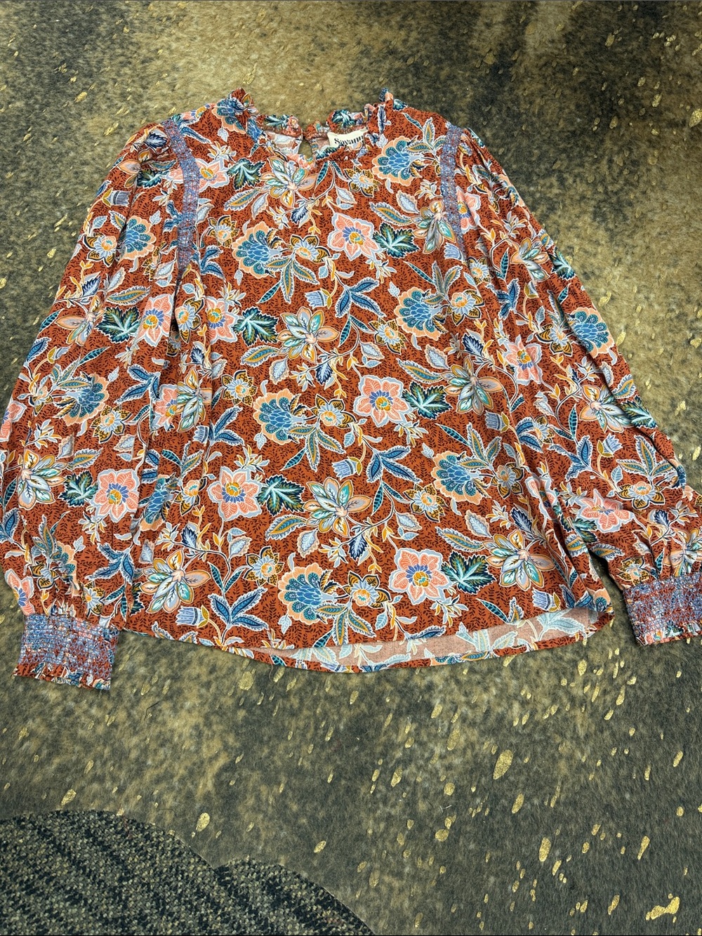 Savanna Jane Rust Floral Long-Sleeve Boho top with Blue & Pink Accents | medium